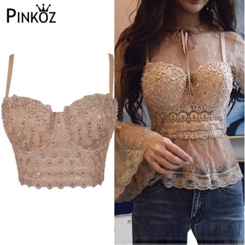 Pinkoz Mesh Lace Bead Bustier Pearls Diamond Push Up Night Club Bralette Womens Bra Cropped Top Vest Camis slim 2020new fashion