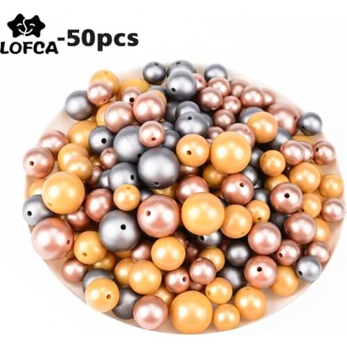 LOFCA 50pcs Metallic Silver/Gold Print Beads BPA Free Soft Chewable Silicone Beads For Necklace Baby Teething Toys DIY Chain