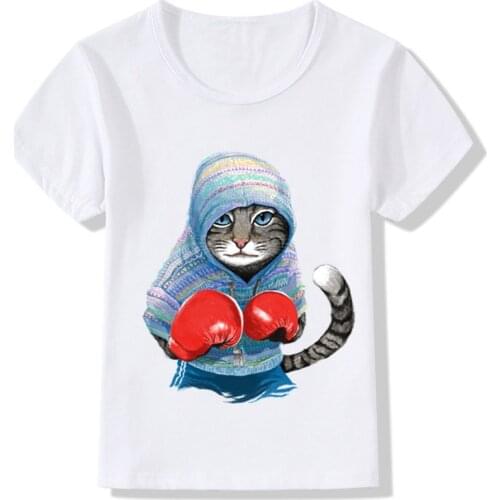 Children Summer Super Cool Boxing Cat Attack Funny T shirt Baby Boys Girls Casual Tops T-shirt Kids Clothes