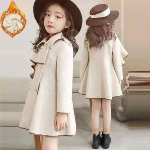 Fashion New Children Girl Autumn Winter Plus Velvet Thicken Woolen Outwear Coats Long Sleeve Outwear Coat For Age Girl 3-14 Yrs