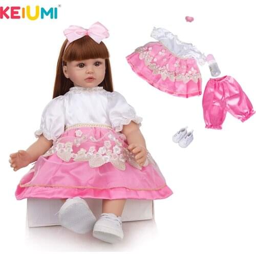KEIUMI 24 Inch Pretty Light Brown Long Hair Reborn Baby Doll White And Pink Gold Flower Dress Fast Delivery Alive Reborn