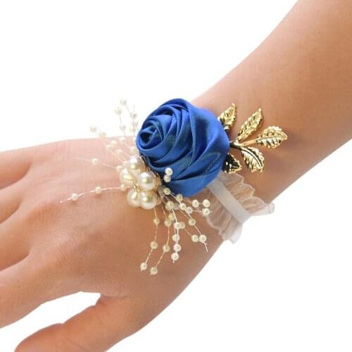Bride Bridemaid Wrist Flower Corsage Stain Silk Rose With Pearl Bracelet Wedding And Christmas party Decorate Accessories 2021