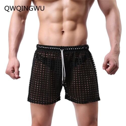 Mens Boxer Lingerie See-through Mesh Fishnet Drawstring Lounge Underwear Boxer Shorts Hollow Out Panties Boxer Shorts Sleepwear