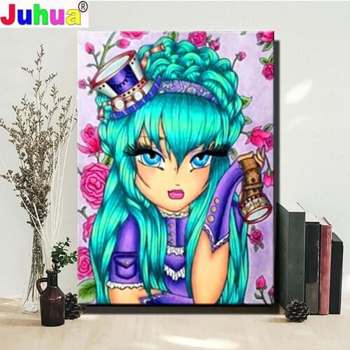 Abstract Cartoon Blue Green hair Girl 5d Diy Diamond Painting Cross Stitch Full Square Round Drill Diamond Embroidery Kits Fairy