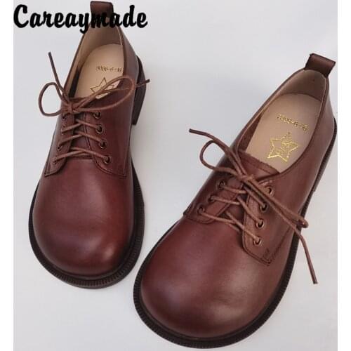 Careaymade-Retro British big head wide edition small leather shoes round head lace up baby shoes original womens single shoes