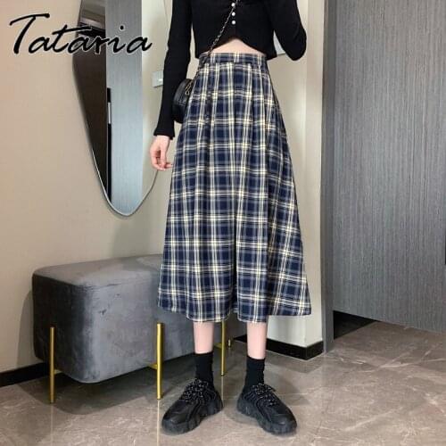 New Blue Plaid Pleated Skirt Women 2021 Fashion Autumn Mid Skirts Winter Vintage Preppy Style Girls Elastic Waist Umbrella Skirt