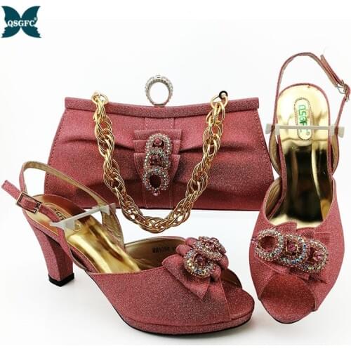 Latest Pink Color Italian Design Ladies Shoe and Bag Set Decorated with Rhinestone African Shoes and Matching Bags Party