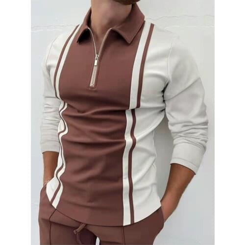 Autumn Polo Shirts Men Tees Tops Casual New Fashion Stripe Patchwork Zip-up Pullover Vintage Men Turn-down Collar Polo Shirt