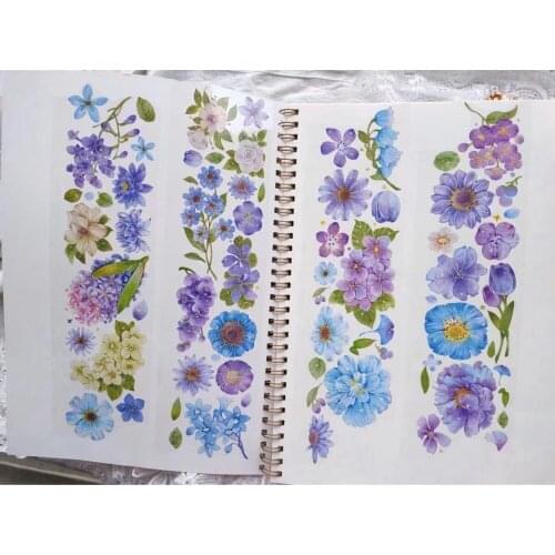 Lovely Blue Purple Flower Clear PET Tape for Card Making Bullet Journal DIY Scrapbooking Label Sticker