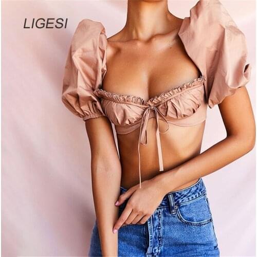 Vintage Ruched Crop Tops For Women Backless Square Collar Neck Puff Sleeve Slim Blouse Female Summer Fashion New 2020