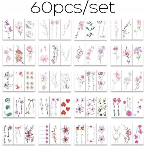 60pcs Temporary Tattoo Flowers love branch animals Waterproof Tattoo Women Body Arm Art Finger Tatto Stickers
