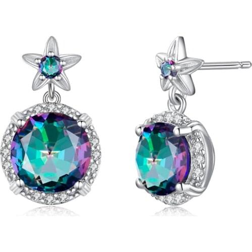 Szjiano Brand Flower Shape Fire Rainbow Mystic Topaz CZ Ladies 925 Silver Earrings Stud Women Fine Jewellery Aretes De Mujer Hot