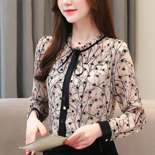 Mulheres tops e blusas 2019 tops chiffon blousen arco botAo de manga comprida plus size tops para as mulheres