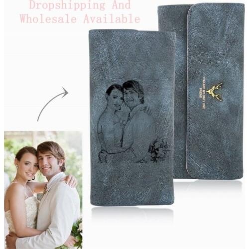 Valentines day Gifts Womens Photo Engraved Trifold Photo Wallet - Blue Leather.Custom Picture Leather Wallet
