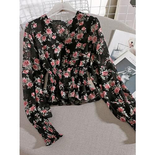 Spring Autumn Womens Top Korean Style Printed V-neck Long Sleeve Chiffon Top Retro Waist Slim Ruffle Female Tops LL151