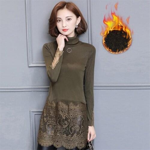 Antumn Winter Women Turtleneck Embroidery Dress Warm Thick Velet Lace Dresses Ladies Long Sleeve Mesh Bottoming Vestidos AB711