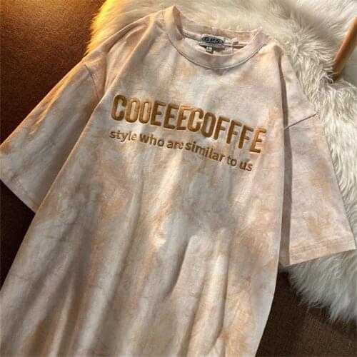 100% Cotton Letter Embroidery Tie-dye T-shirts Women 2021 Vintage Tshirts Women Short Sleeve Lady Girls Oversized Harajuku Tees