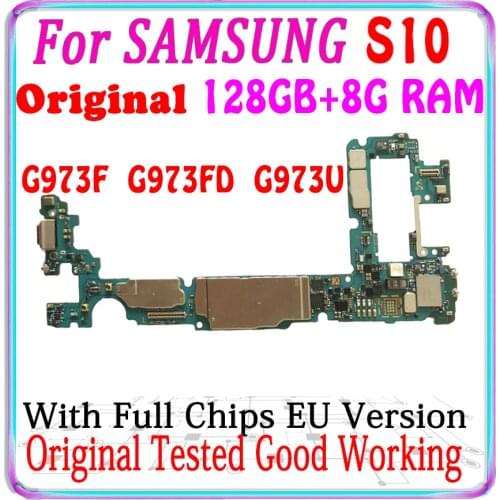 100% Original Unlocked For Samsung Galaxy S10 G973F G973FD G973U Motherboard 128GB + 8GB RAM Logic board Eu Version With chips