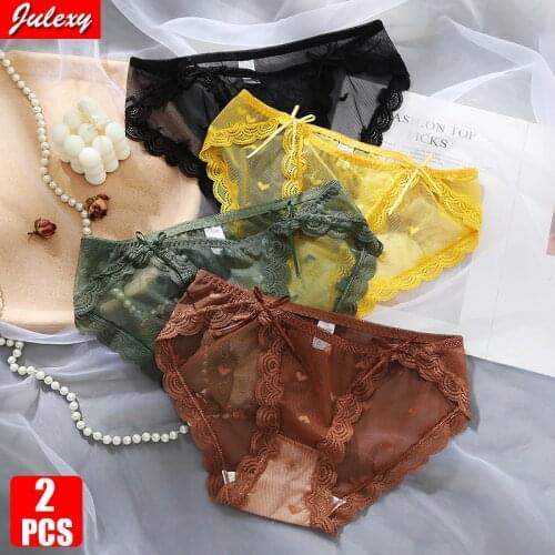2pcs/Pack Julexy Sexy Lace Hollow Out Transparent Women Underwear Panties Cute Bow Girls Briefs Underpants