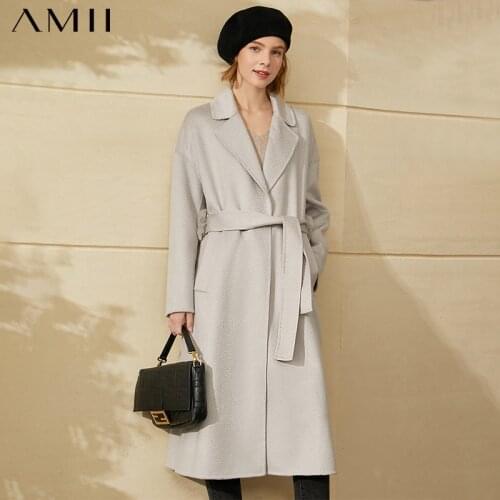 Amii Minimalism Winter Coat Woolen Fashion Solid Lapel 100%wool Long Female Coat Water Ripple Double-sided Woolen Coat 12040648