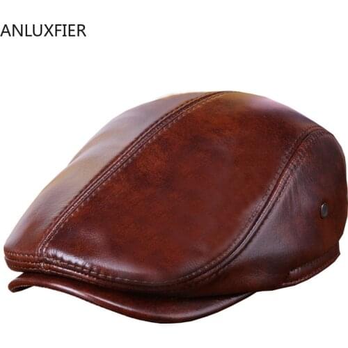 B-7315 New Arrival 100% Genuine Leather Hat Male Sheepskin Leather Visors Hat Adult Winter Warm Ear Protection Cap Elderly Hat