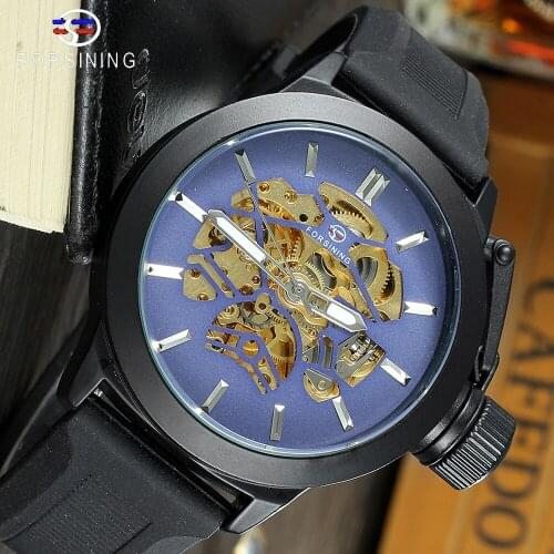 Forsining Mechanical Watch Navigation Series Blue Golden Display Automatic Self-wind Watch Top Brand Luxury Black Silicone Band