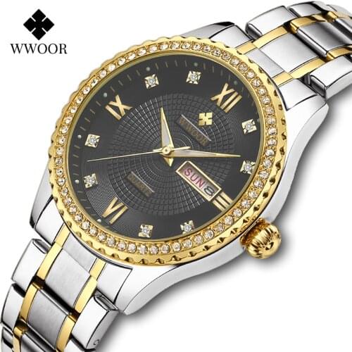 WWOOR Mens Quartz Watches Top Brand Luxury Diamond Gold Steel Wristwatch Casual Waterproof Week Date Clock Box Relogio Masculino