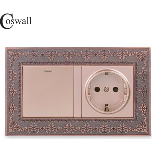 Coswall Zinc Alloy Metal Panel EU Standard Wall Socket + 1 Gang 2 Way On / Off Pass Through Light Switch Embossing Retro Frame
