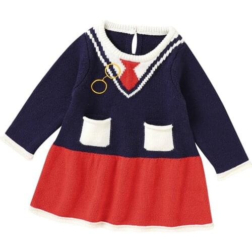 2021 0-18M Spring Fall Kids Baby Girls Dress Preppy Style Print Pockets Knitted Long Sleeve A-line Dress Sundress