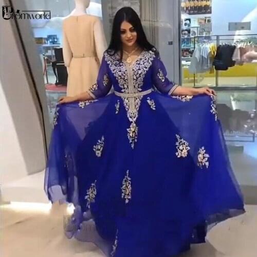 Royal Blue Moroccan Kaftan Evening Dresses 2020 Half Sleeves Appliques Dubai Arabic Muslim Special Occasion Formal Prom Gown
