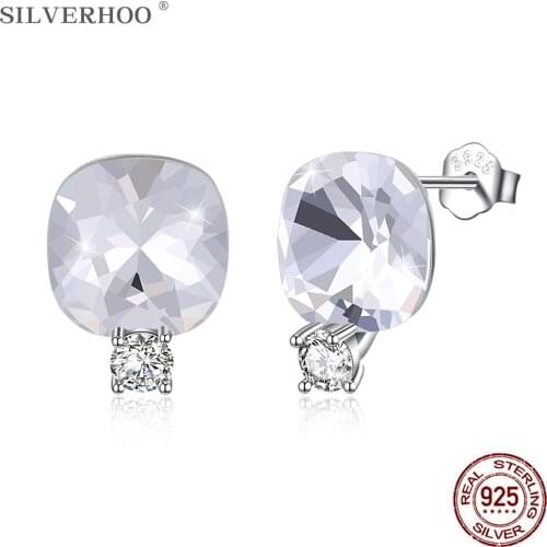 SILVERHOO Sterling Silver 925 Jewelry Earrings For Women Geometry Colorful Austria Crystal With Shining 5A Zircon Stud Earring