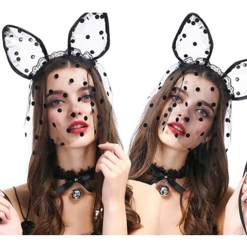 Gothic Lace Cat Fox Ear Polka Dots Veil Headbands Hair Accessories For Women Girls Black Eye Mask Halloween Party Carnival