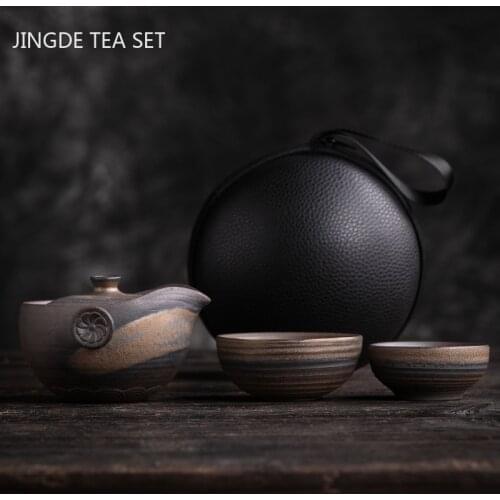 Retro Ceramics Teaware Suit Stoneware Kiln Change Teapot Chinese Tea Ceremony Travel Portable Tea Set One Pot and Two Cups