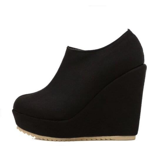 Classic Women Wedges Platform Ankle Shoes Zapatos Mujer Zip Faux Suede Round Toe High Heel Botas Comfortable Warm Woman Footwear
