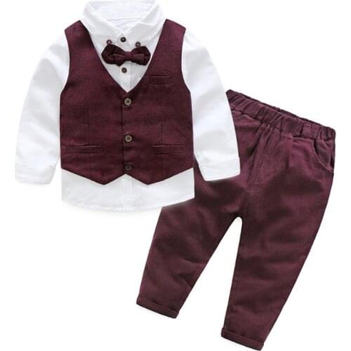 Autumn Spring Kids Clothes Boys Suit Set Red Vest + White Shirt + Red Pants with Bow Formal Kids Costume 1 to 8 Years