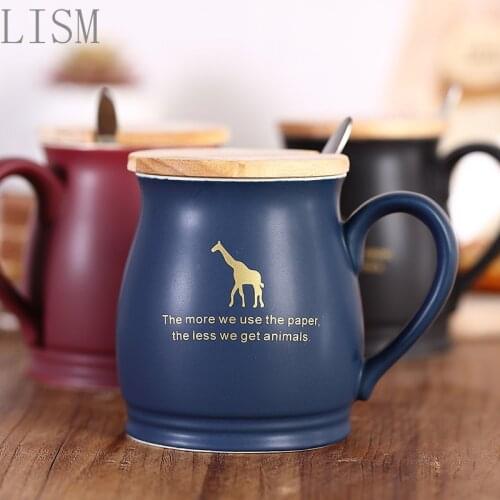 Creative water cup with cover spoon ceramic cup matt retro beer cup home large belly cup gift cup