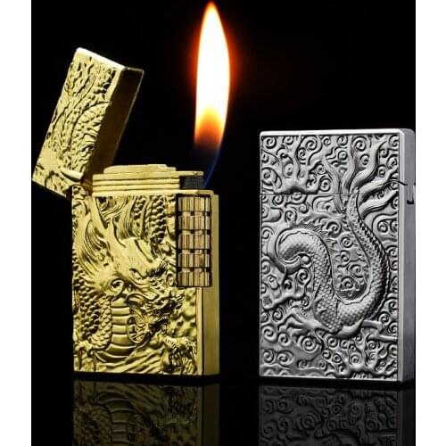 Creative Open Flame Loudly Lighter Gas Personality High-End Inflatable Embossed Dragon Grinding Wheel Igniter Smoking Gift