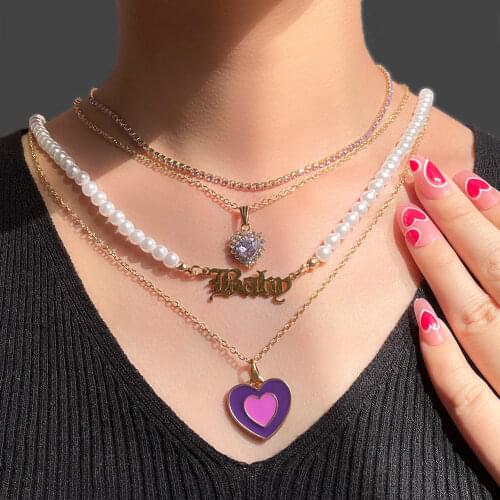Baroque Imitation Pearl Letter Beaded Choker Necklace Drip Glazed Crystal Heart Multilayered Metal Chain Necklaces Party Jewelry