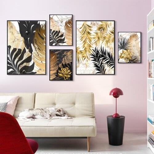 Marble Yellow Black Leaves Canvas Painting Abstract Plant Poster And Prints Wall Pictures Living Room Sofa Background Decoration