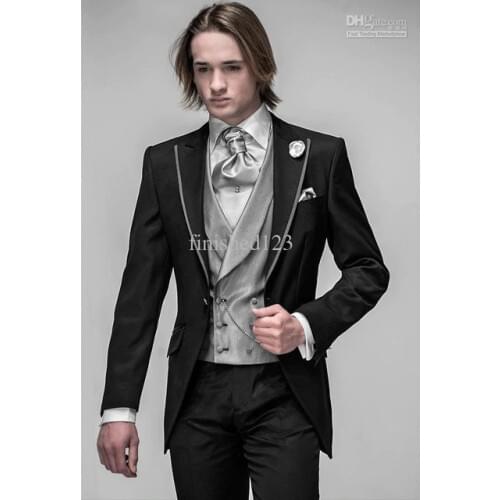 New 2016 Most Popular Black One button Peak Lapel Groom Tuxedos Groomsmen Men Wedding Suits Bridegroom (Jacket+Pants+Vest+Tie)