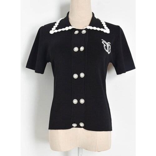 2020 New Summer Women designer double breasted beading Knitted Sweaters Short sleeve color block Casual Sweater Tops JC442