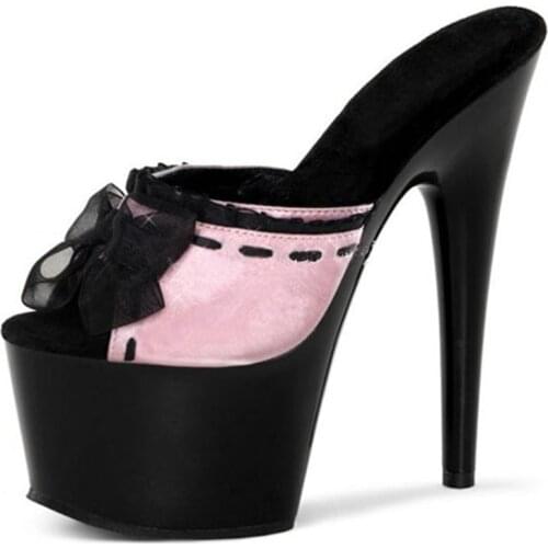 New Lady Fashion High Heel Shoes Sexy Bowtie Slippers Party Mesh Lace Heels 17cm Platforms For Women Wedding Dress Shoes