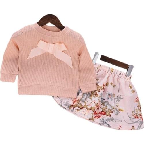 Autumn Girls Set Pink Bowknot Sweatshirt + Floral Skirt Suits for Kids Children Suits Kids Clothes