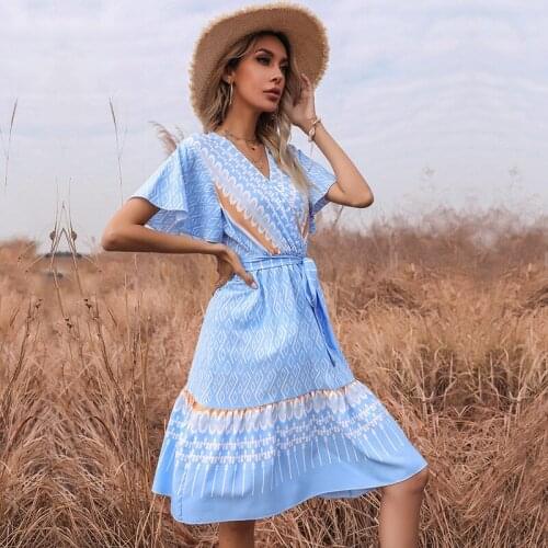 Casual Summer Dresses Women Midi Boho Short Ruffle Sleeve Dress Female Striped Print Bandage Dress 2021 New Robe Ladies Vestidos