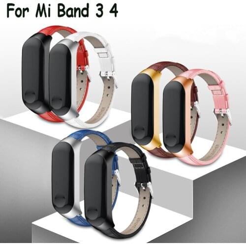 For Xiaomi Mi Band 3 4 Metal Case Genuine Leather Watchband for Miband 3 4 Smart Bracelet Strap Replacement correa mi band 4