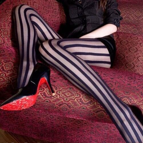 Sexy Black Vertical Striped Tights Gothic Punk Stripe Tights Women Temptation Sheer Suspender Tights Pantyhose Stockings