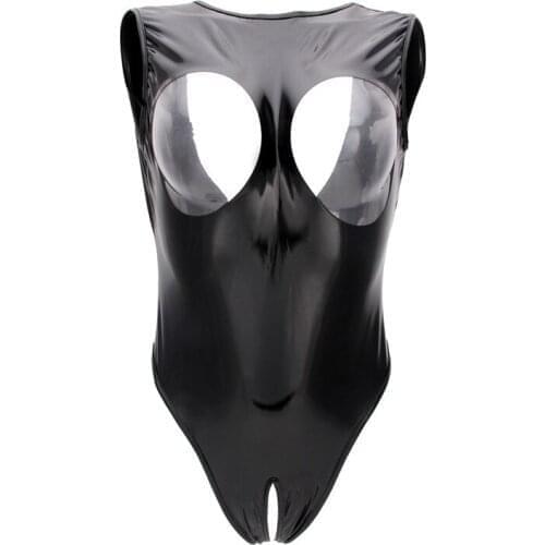 Sexy PVC Leather Black Bodysuit Women High Cut Thong Open Crotch Hollow Bust Erotic Leotard Costumes Latex Bodysuit 2021 New