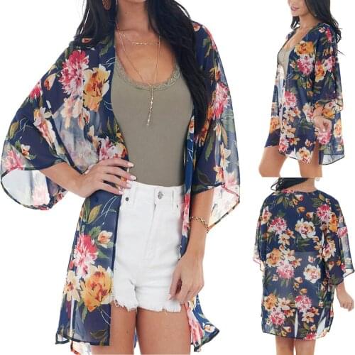 Summer Bathing Suits Shawl Kimono Chiffon Bikini Covers Women Printed Long Cardigan Shirt Sunscreen Oversize Beach Cover Up