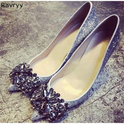 Bling Bling Crystal Decor Silver Woman high heel pointed toe sexy pumps female dress shoes OL out fits luxury party shoes