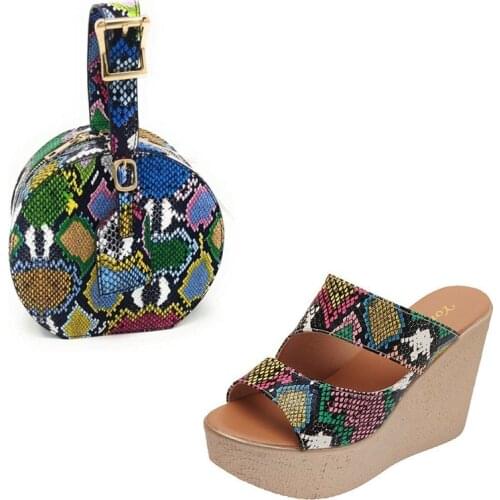 Snake Print Slides and Purse Set Fashion Shoes High Heels Platform Wedges Sandals for Women Tacones Mujer Buty Na KoturnieTerlik